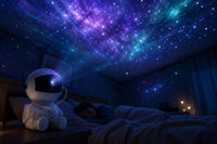 Nebulux projector on a nightstand beside a sleeping person