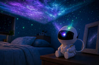 Nebulux projector casting a galaxy across a dark bedroom ceiling